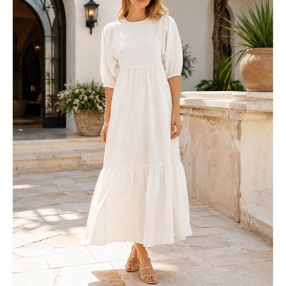 Urban Outfitters Tiered Midi Dress Cutout Resort Solid Cotton Ivory M 250236